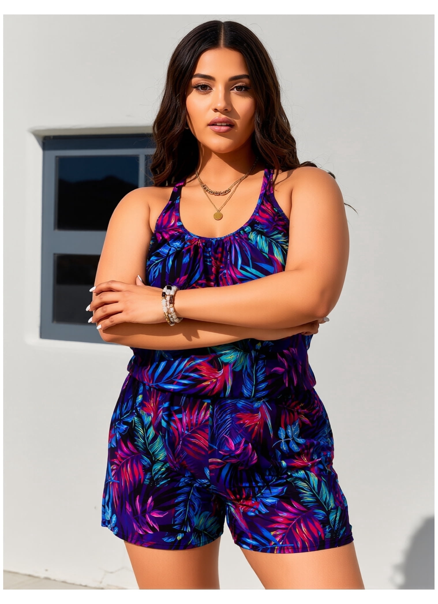Plus Size Swim Romper Modest Swimsuits for Women One Piece Bathing Suit Shorts Swim Suit with Pockets