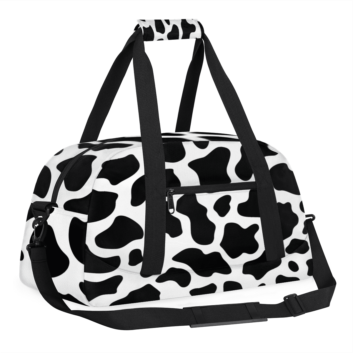 Herdesigns Black White Sports Duffle Bag for Women & Men, Fun Cow Print Farm Animal Gym Bag Dance Bag Overnight Bag Carry On Weekender Travel Bag