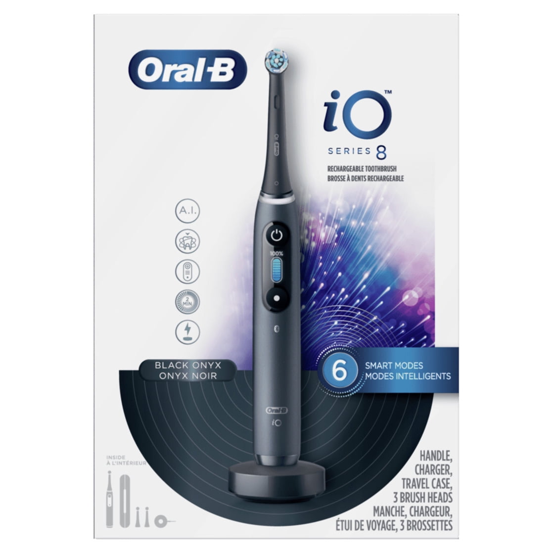 Oral-B iO Series 8 Electric Toothbrush with 3 Brush Heads, Black Onyx, for Adults & Children 3+