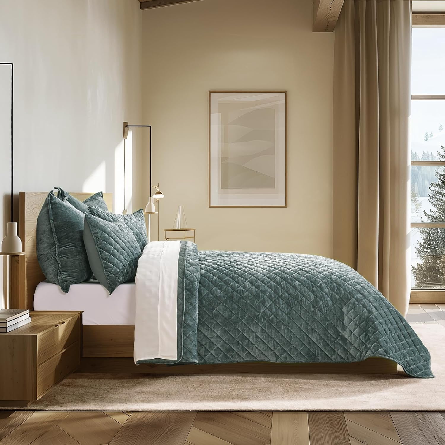 EVERGRACE Luxury Velvet Quilt Set Queen Size, Diamond Quilted Lightweight Velvet Comforter for All Season, Ultra Soft Oversized Bedspread Coverlet Bedding Set with 2 Pillow Shams, Dark Green