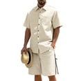 thumbnail image 2 of BLTIBY Mens 2 Piece Outfits Summer Set Short Sleeve Button Down Lapel Shirts and Shorts Beach Casual Jogging Suits with Pockets Beige XXL, 2 of 6