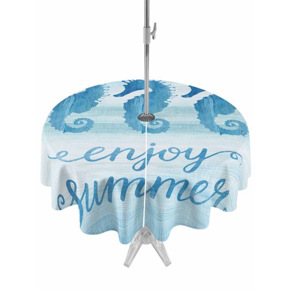 Outdoor Tablecloth with Umbrella Hole for Patio/Picnic/Party/Camping, Ocean Seahorse Waterproof Table Cloth Round Cover Washable, Summer Coastal Animal Ombre Blue (Dia 54")