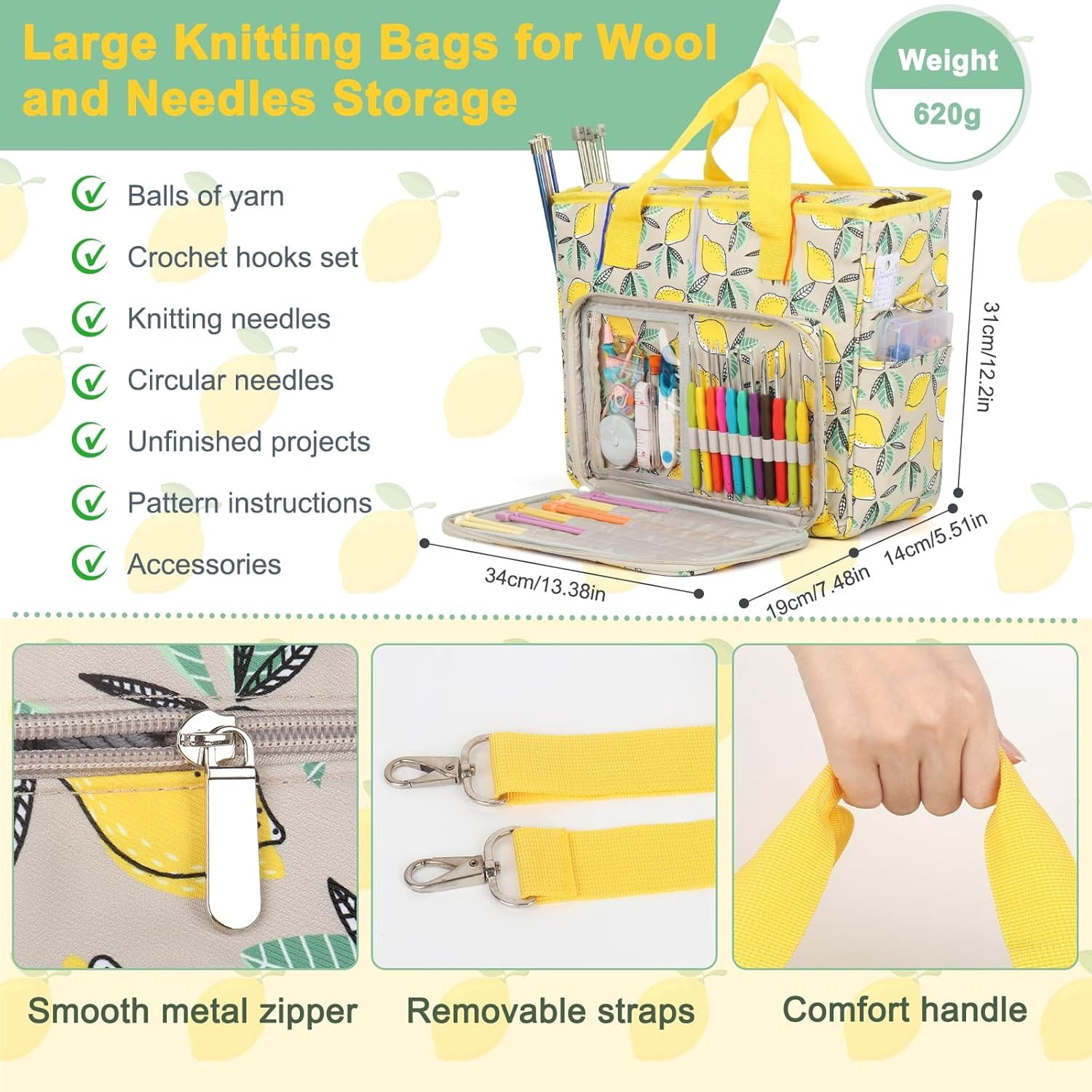Yarn Storage Organizer Travel Crochet Bag, Large Capacity Tote Bag Knitting Bag for Carrying Projects, Knitting , Crochet Hooks and Yarn, Fruit Yellow