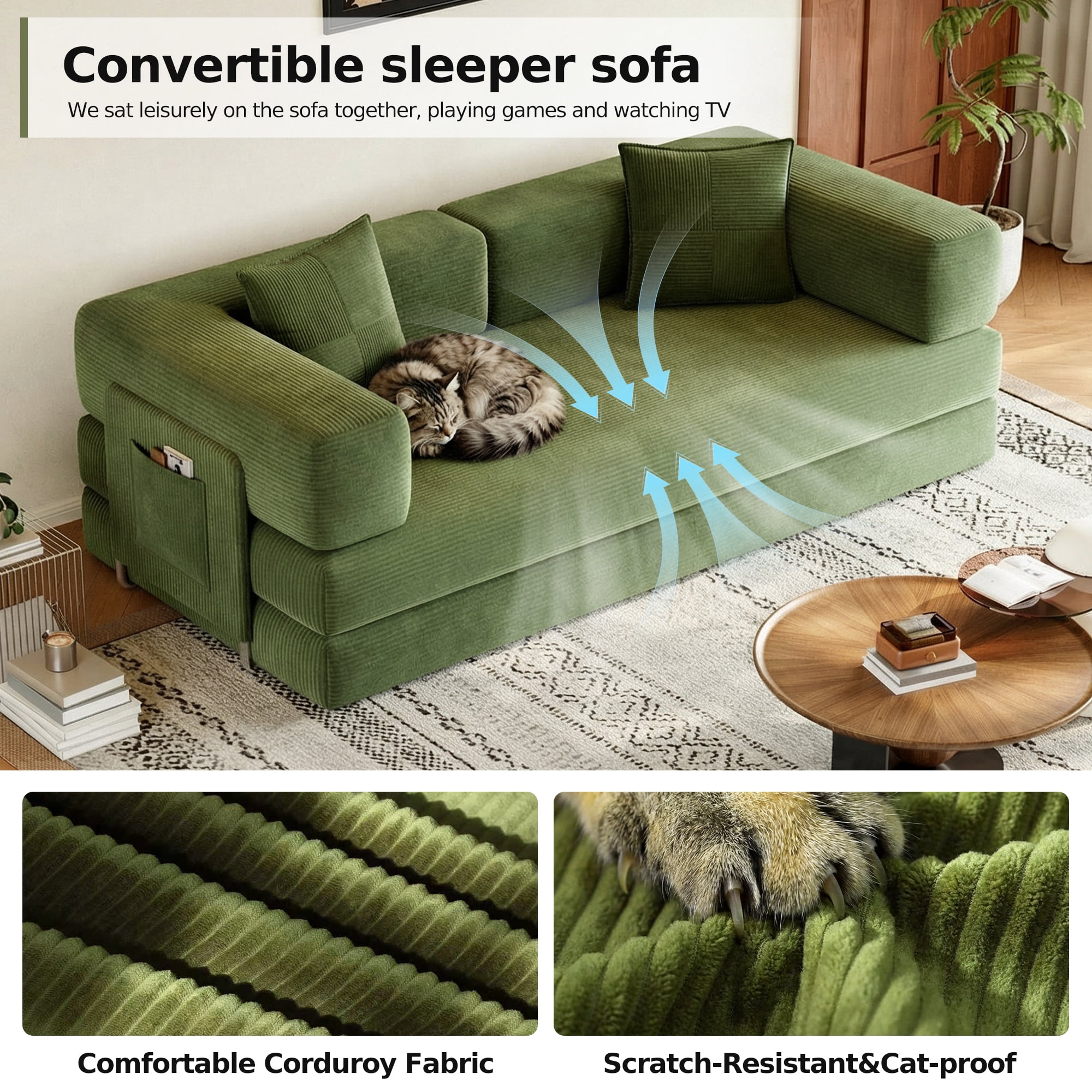 GARITIN Convertible Sleeper Sofa Bed 79 Inch, 5 in 1 Chenille Floor Sofa with High Density Foam and Side Pockets for Living Room, Green