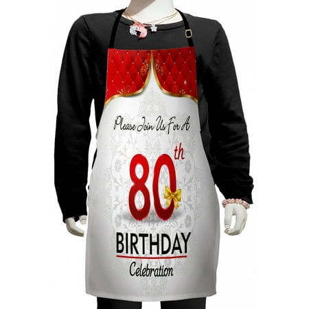 

80th Birthday Kids Apron Birthday Party Invitation with Abstract Floral Backdrop for Elderly People Boys Girls Apron Bib with Adjustable Ties for Cooking Baking Painting Multicolor by Ambesonne
