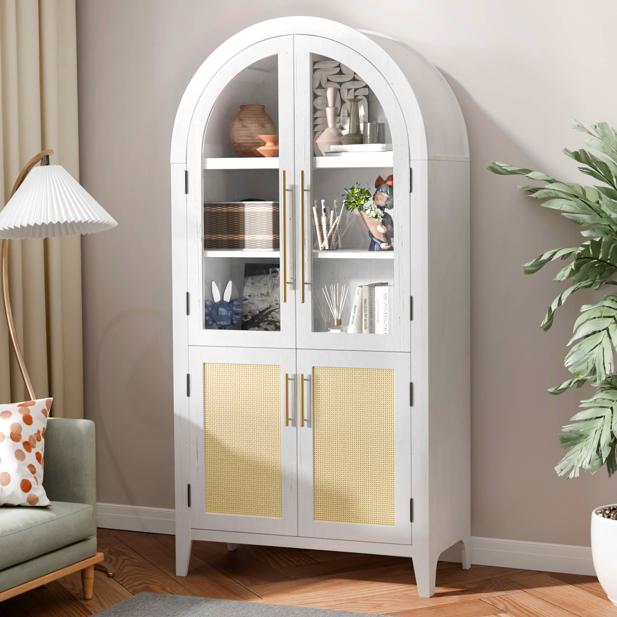 MAYEERTY 63" White Arch Cabinet with Glass Doors, for Bedroom Living Room