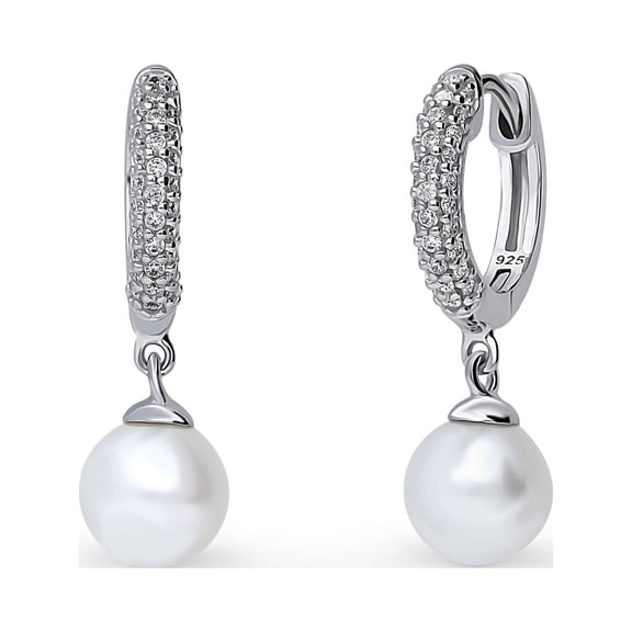 BERRICLE Sterling Silver Solitaire Round Freshwater Cultured Pearl Anniversary Dangle Drop Earrings for Women, Rhodium Plated