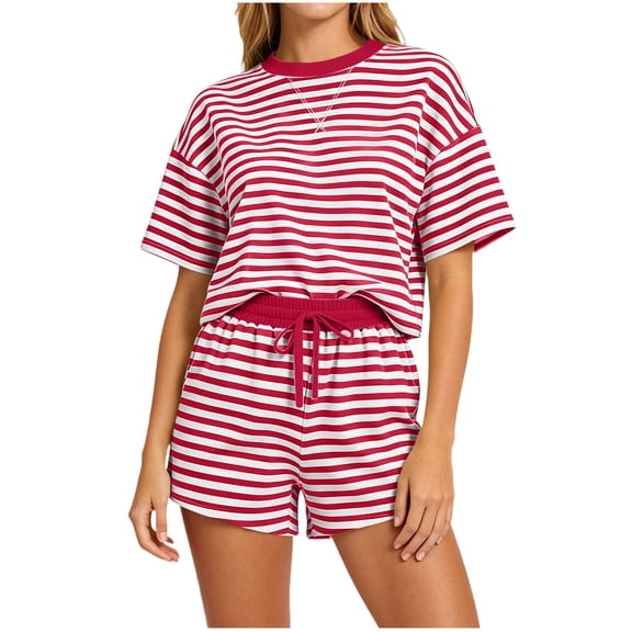 Women's Summer Short Set Striped Crewneck T-Shirt and Drawstring Shorts Soft Lounge Set Summer Casual Matching Suit Red S