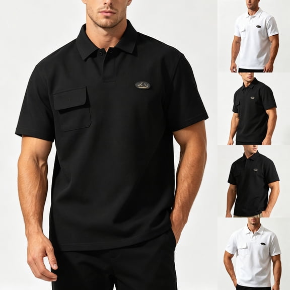 Men's Summer Breathable Polo Shirt, Loose Fit Short Sleeve Work Shirt with Chest Pocket and Emblem Size M-5XL Black