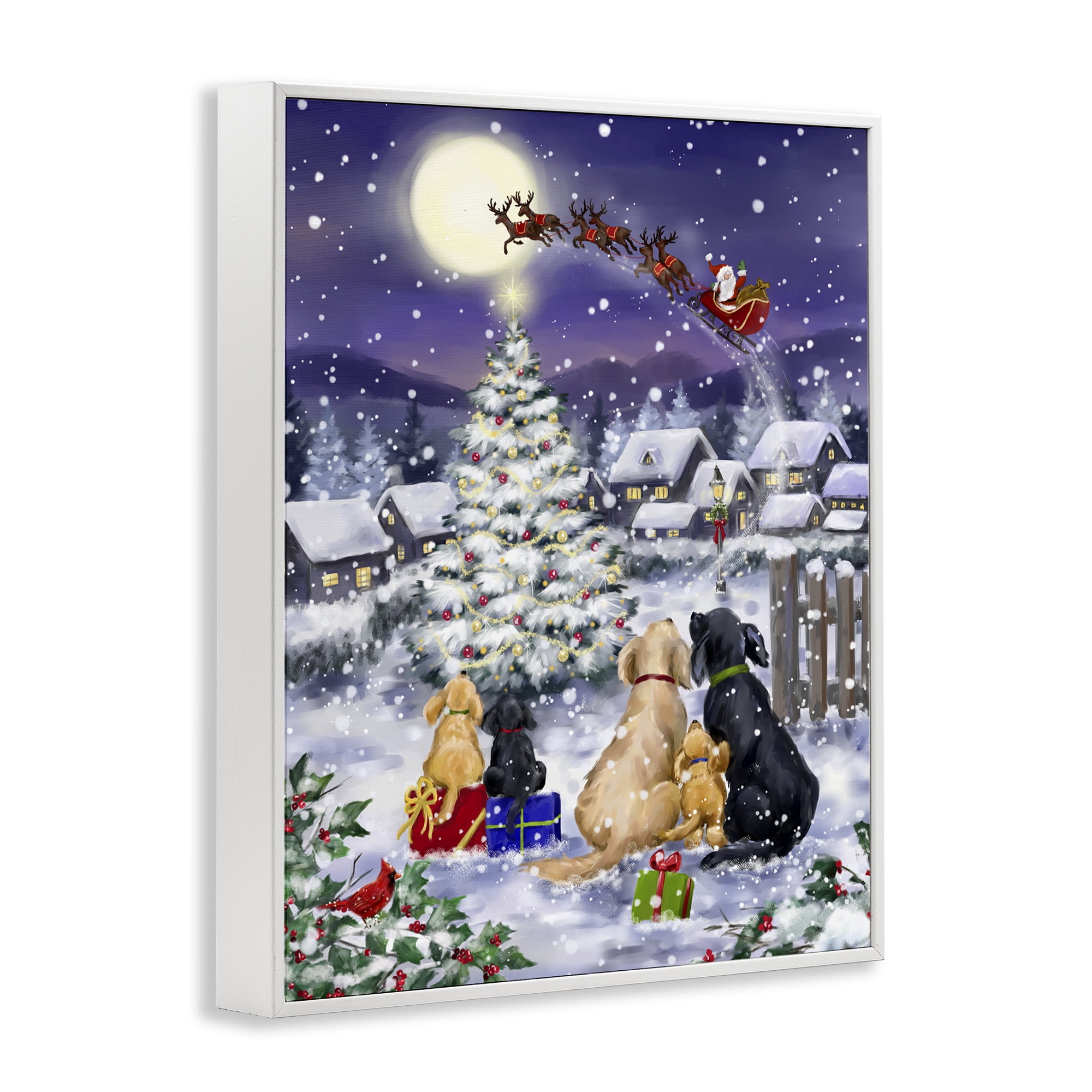 Stupell Industries Santa Over Snowy Dogs Holiday Painting White Framed Art Prints Wall Art, 16 x 20