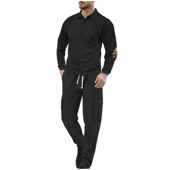Yghzkop Mens Workwear Style Set Solid Color Flip Collar Long Sleeve Button Hoodie with Elbow Patches and Drawstring Waist Cargo Pants Functional Two Piece Outfit
