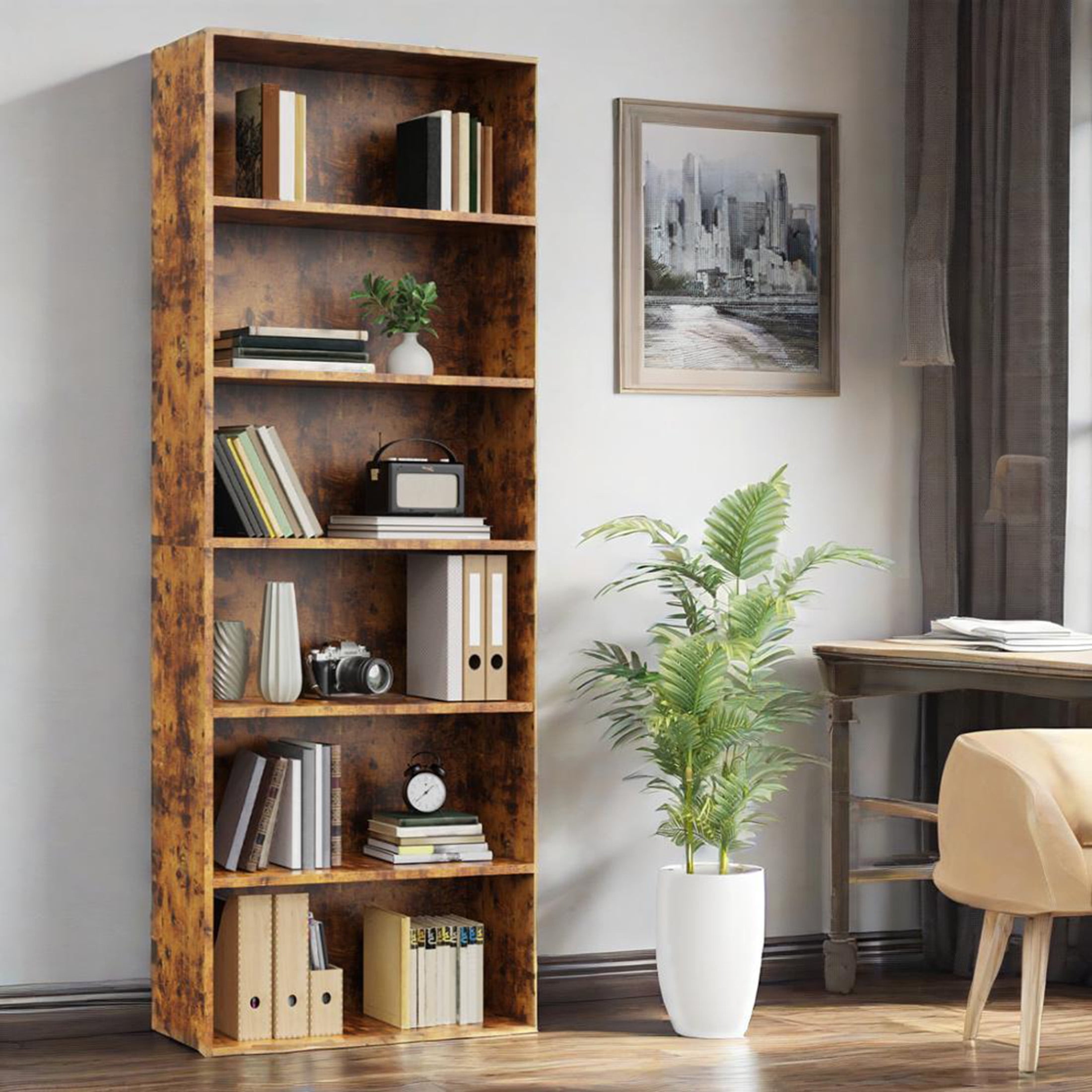 CONCETTA 6 Shelf Bookcase, 63 Inch Tall Floor Standing Open Bookshelf for Home Office and Living Room, Classic Rust