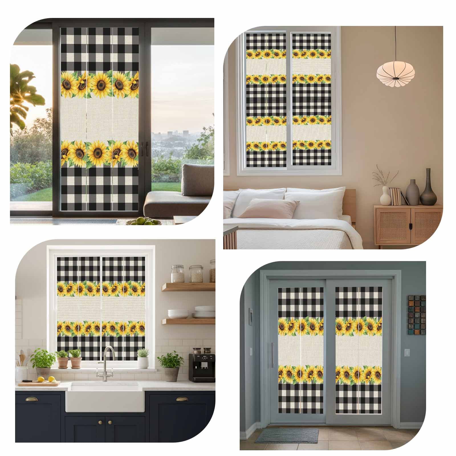 Sunflowers Window Privacy Film, Retro Country Floral Linen Texture Black Plaid Frosted Glass Window Clings Static Cling UV Heat Blocking Reusable Door Sticker for Bathroom 23.6 x 59 Inch