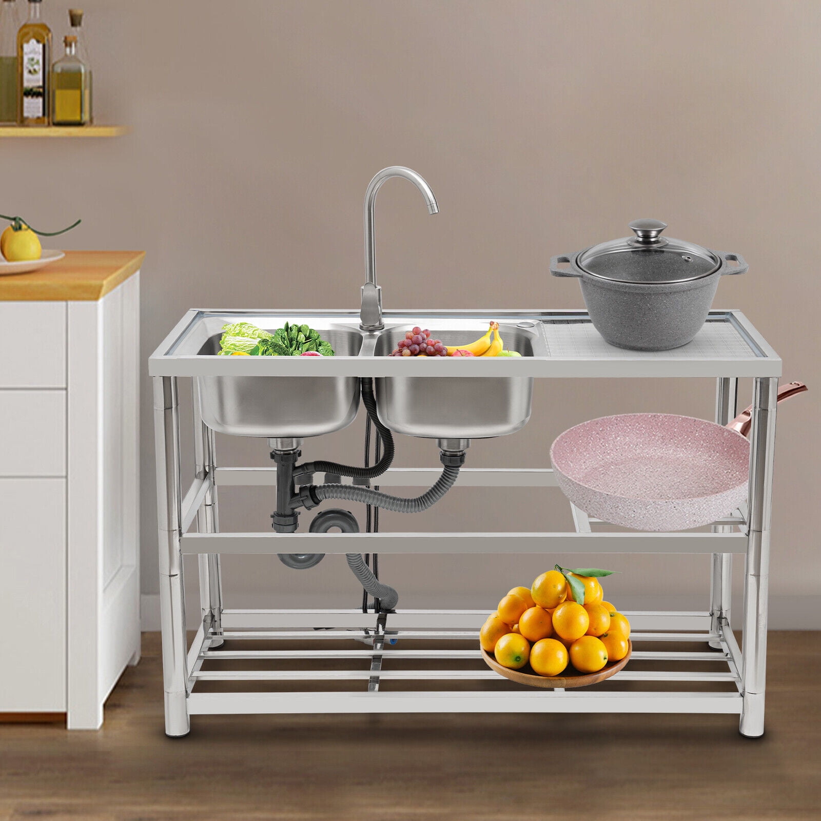 Double-Bowl Sink,Commercial Freestanding Kitchen Sink Stainless Steel Utility Sink ,2*Water Inlet Pipes