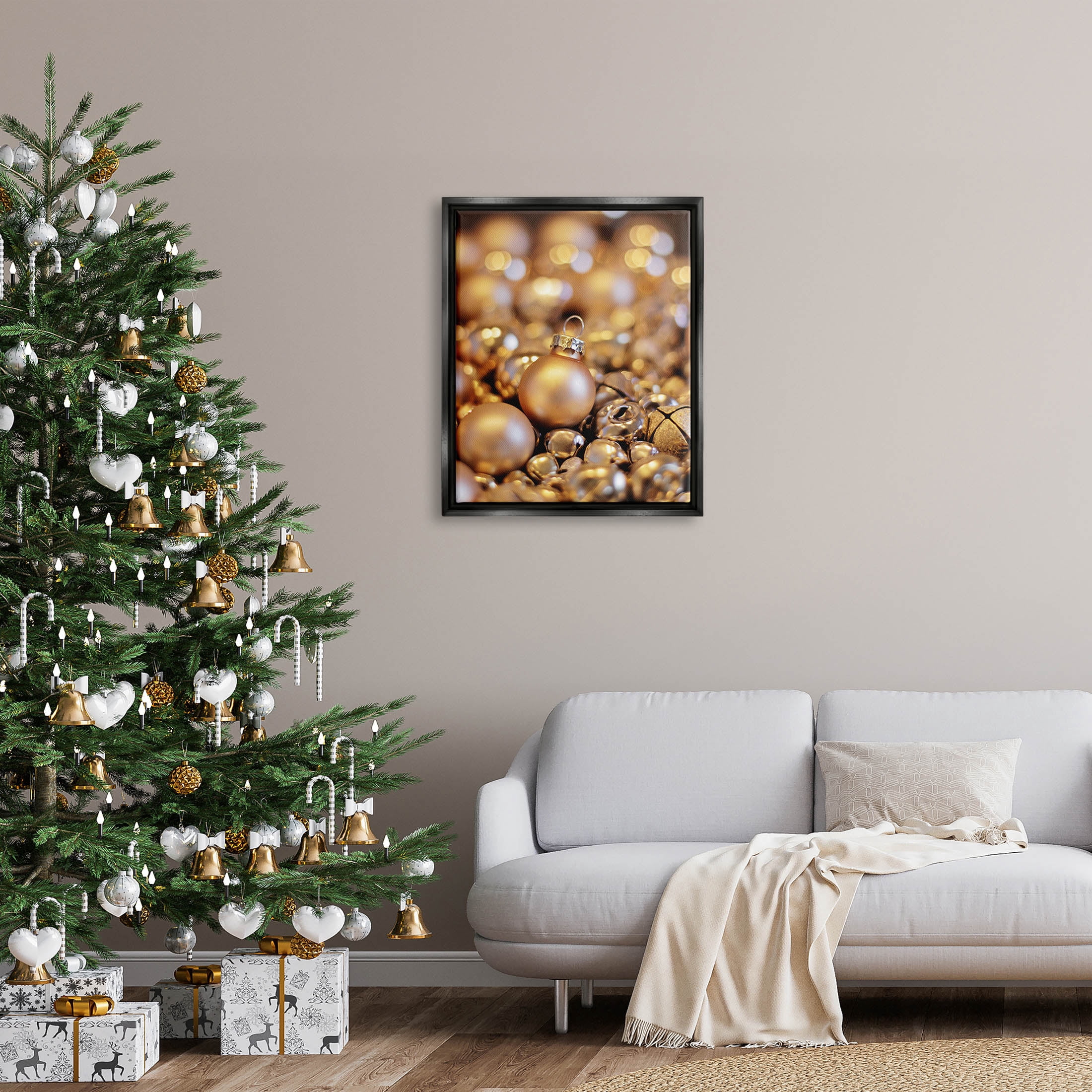 Gleaming Christmas Ornaments Bells Holiday Photograph Jet Black Framed Art Print Wall Art