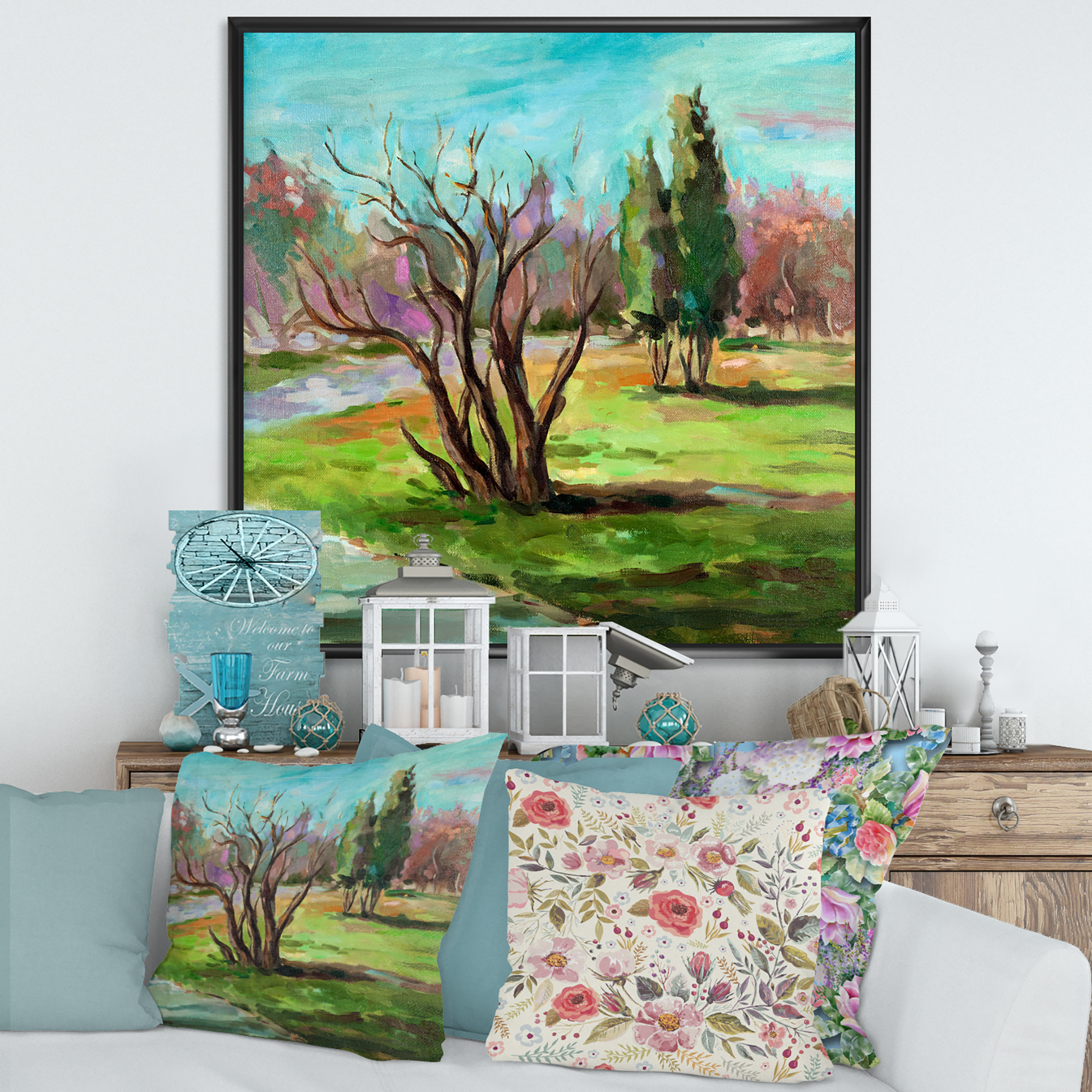 Two Distant Trees In A Vibrant Green Landscape 36 in x 36 in Framed Painting Canvas Art Print, by Designart