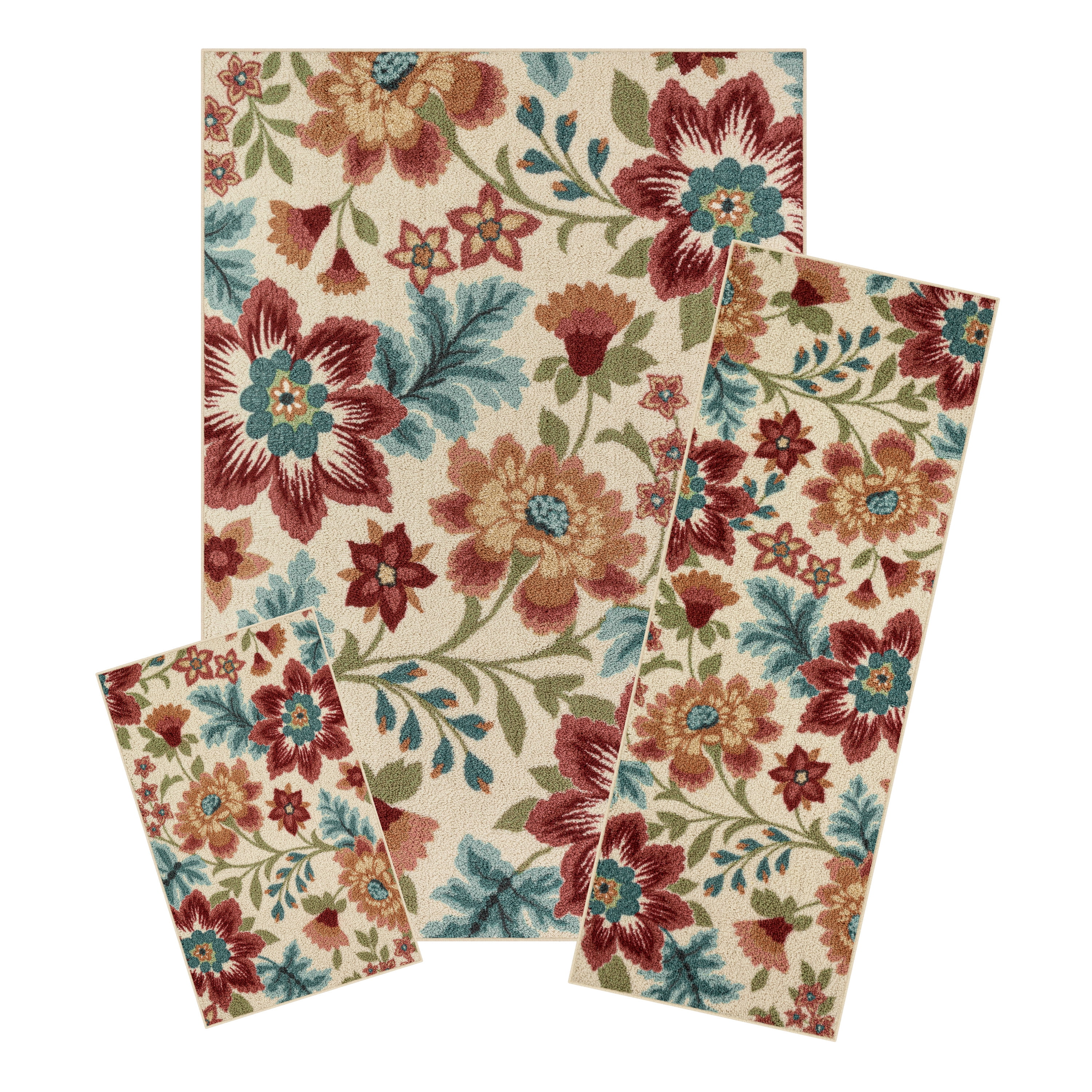 Mainstays Oversized Floral Print Area Rug Set, Cream Multi, 3Piece