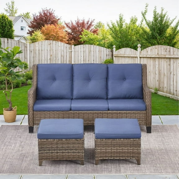PARKWELL 3-Piece Outdoor Conversation Sets, Patio 3 Seater Sofa with Ottomans,Wicker Rattan Seating Furniture for Porch Deck Backyard