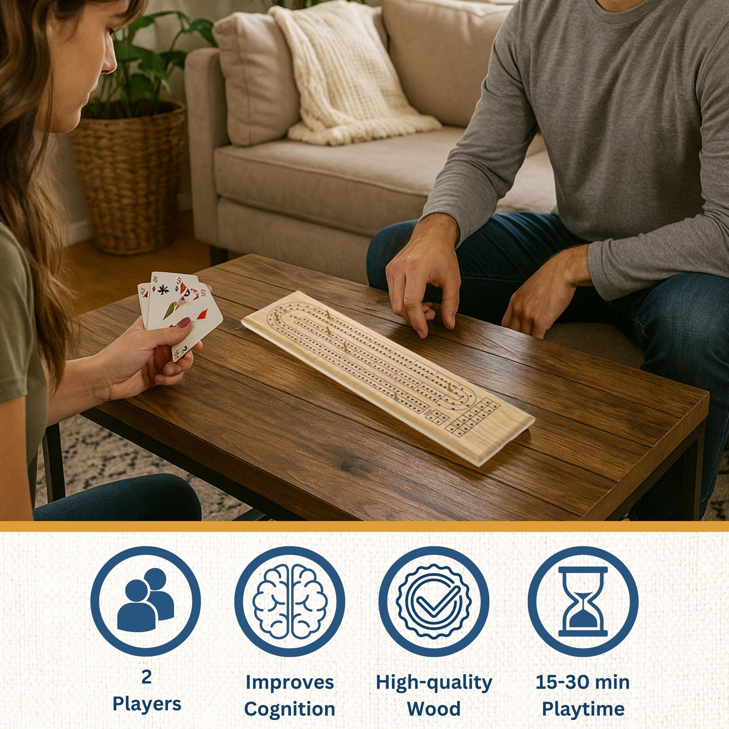 WE Games Classic Cribbage Set - Solid Wood 2 Track Board - Metal Pegs