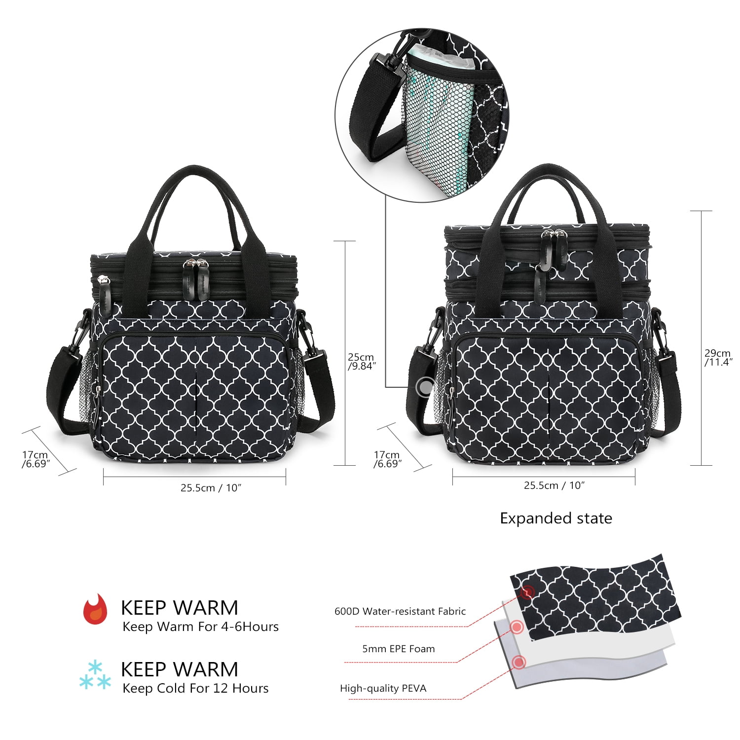 Lunch Bag for Women Men Double Deck Expandable Lunch Box,Large Lunch Bags,Leakproof Lunch Box Cooler Bag
