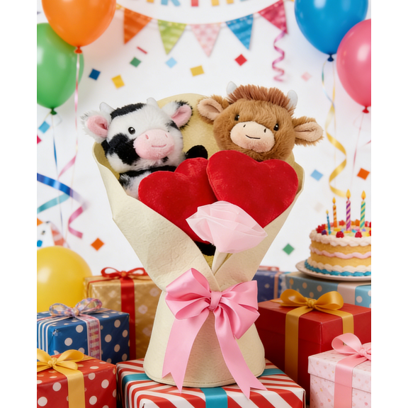 Medium Cow Bouquet Plush, White, 13" Cow Bouquet Plush, Valentine's Day Gifts, Gift for Her, Valentines Day Decorations