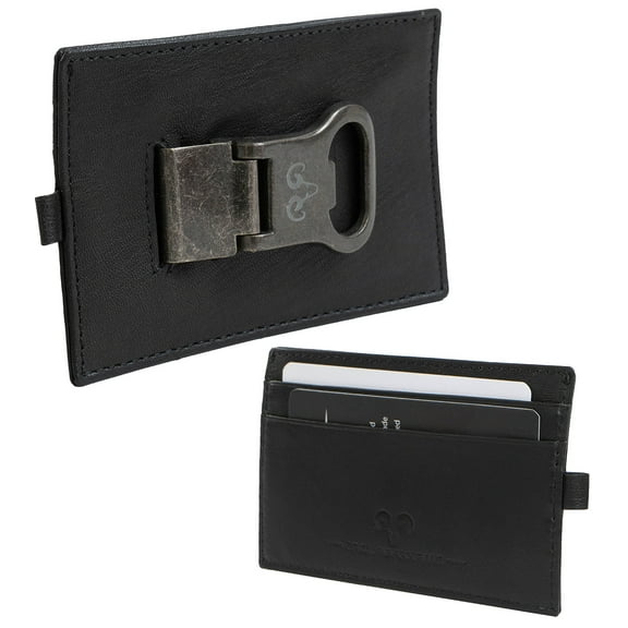 Jack Abrahams Mens Genuine Goat Nappa Leather Card Case RFID Wallet With Removable Money Clip Bottle Opener (Black)