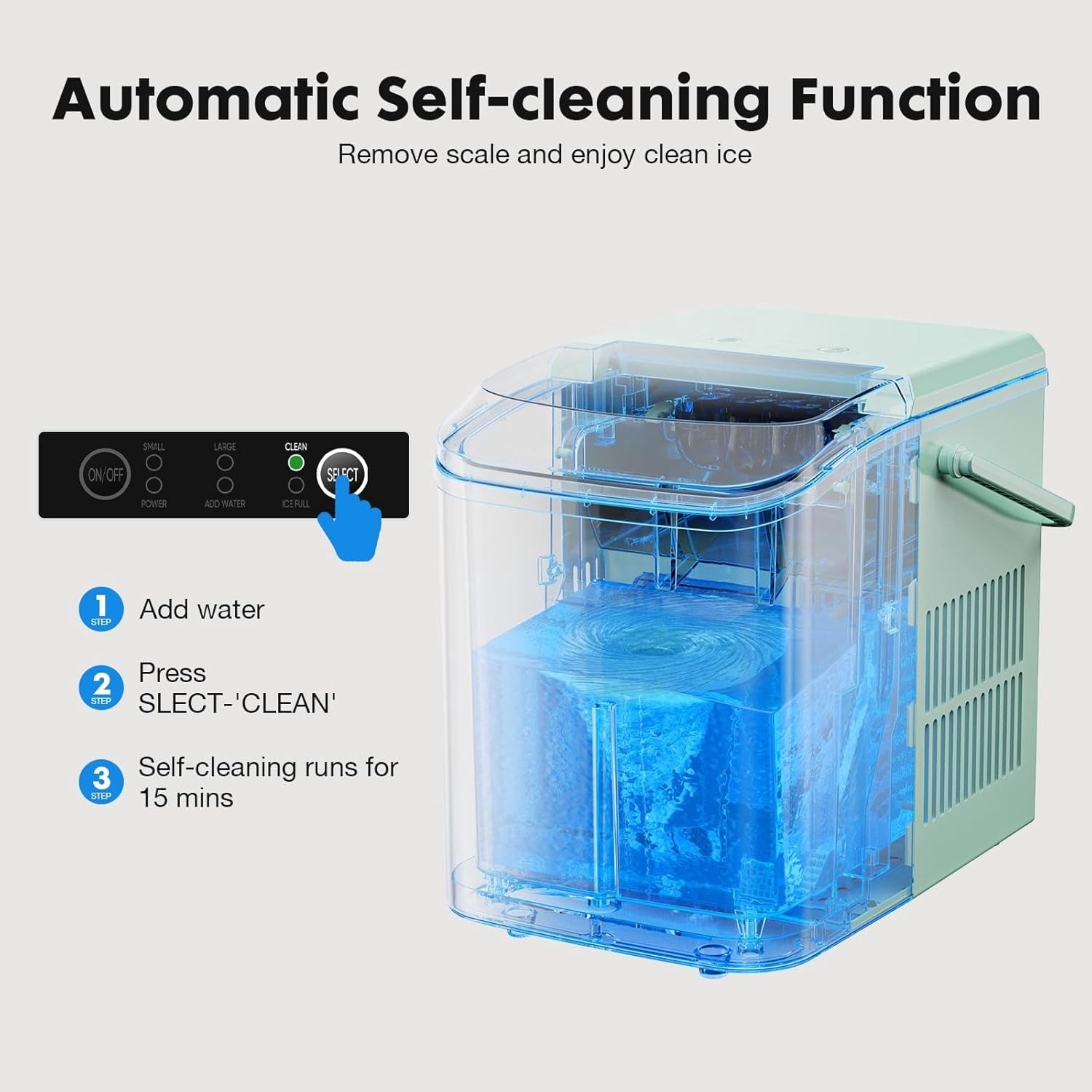 Countertop Ice Maker with Scoop and Basket, Portable Ice Machine Makes 9 Cubes in 6 Minutes, 26.5lbs per Day, 2 Cube Sizes for Home Kitchen Office Bar, Green