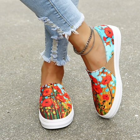 

TANGNADE Women Fashion Shoes Casual Floral Print Canvas Flat Slip-On Sneaker