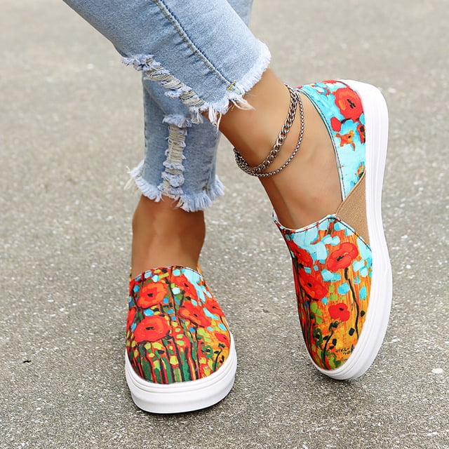 Zapatos de moda para mujer Zapatillas de lona planas con estampado floral informal Wmkox8yii 123q886