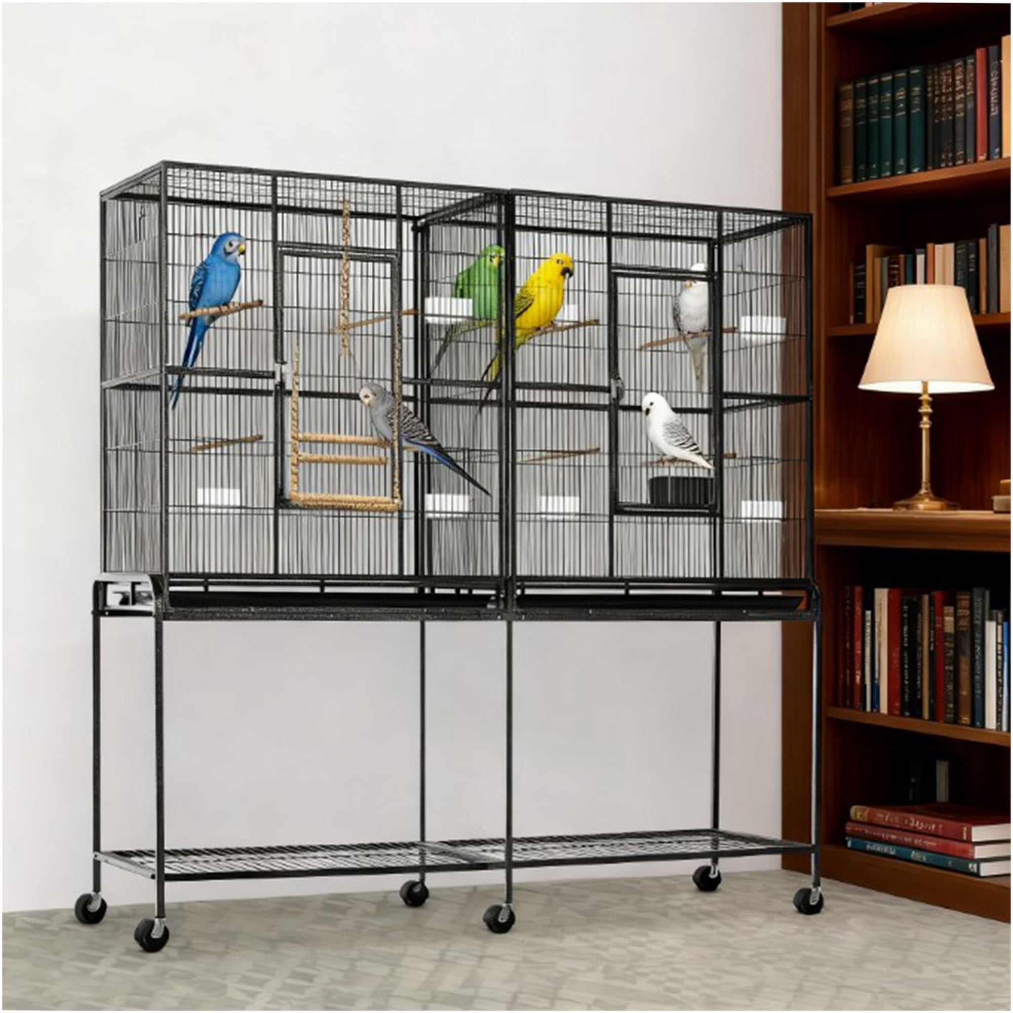 JERFIT Rolling Bird Cage with Storage Shelf for Small to Medium Birds, Black and Gray Metal Frame with Wood Perches and Plastic Food Containers, Mobile Pet House with Slide-Out Tray