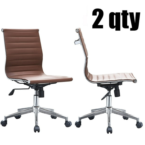 2xhome - Set of 2 Brown - Office Chair Ribbed Modern Ergonomic Mid Back Armless No Arms PU 