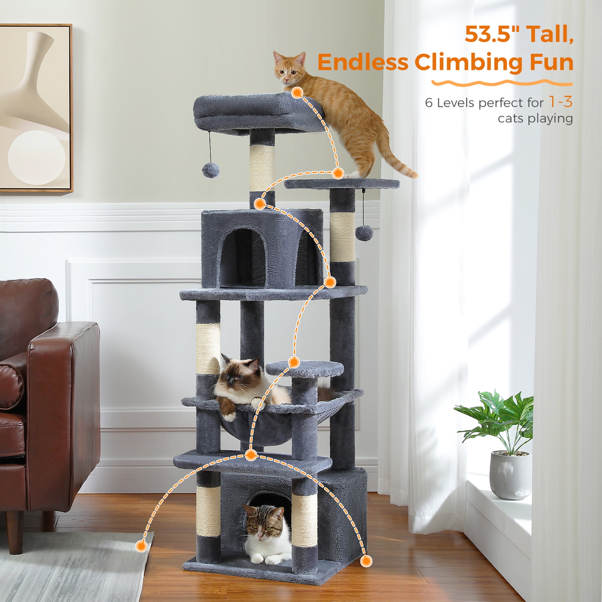 Pefilos 53" Tall Cat Tree Tower with Spacious Hammocks, Condos and Scratching Posts, Cat House with Dual Padded Perches for Indoor Large Cats, Dark Gray