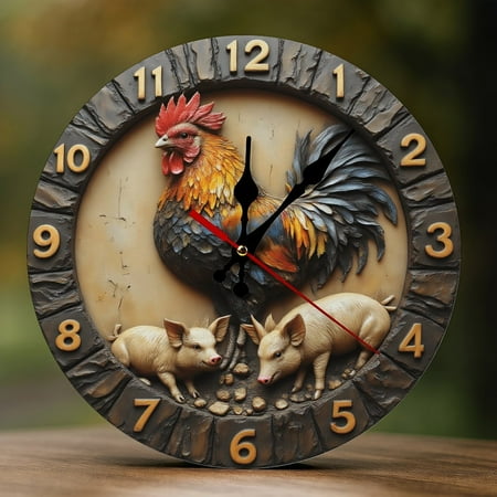 Wall Clock Decorative - Farm Rooster with Piglets Print 2D Vintage Wall Clocks Battery Operated Silent Non-Ticking for Bedroom, Living Room, Kitchen, Office, Classroom, 10 Inch