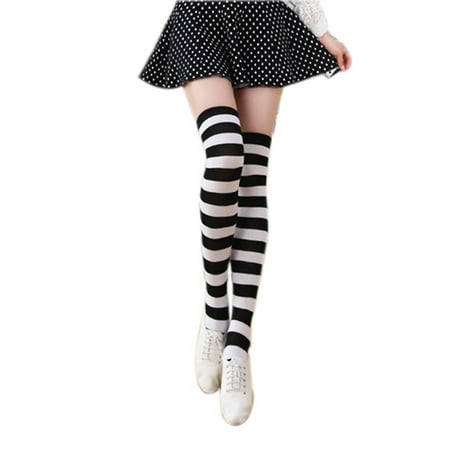 

Pair of Women s Black and White Wide Striped Thigh High Over the Knee Stocking Socks (Black & White)