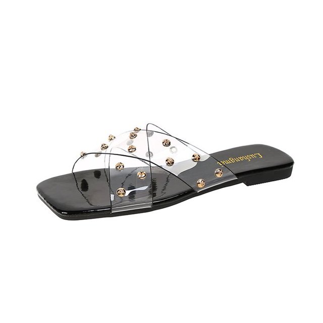 Sandalias planas de verano 2023 para mujer, zapatillas de gladiador con diseño de cordones cruzados transparentes remachados a la moda, zapatillas de lujo, zapatos para mujer 35 Gao Jinjia LED