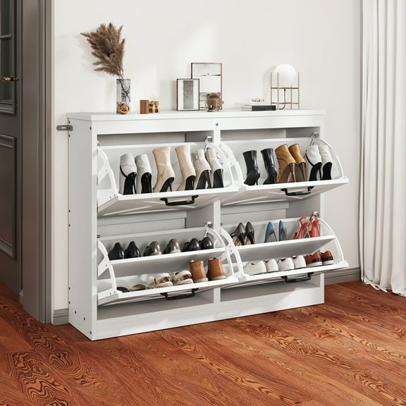 HLL Storage Cabinet with 4 Flip Drawers, Freestanding Shoe Organizer with Adjustable Shelves for Entryway, Narrow Shoe Rack Cabinet, Farmhouse Slim Shoe Cabinet, White