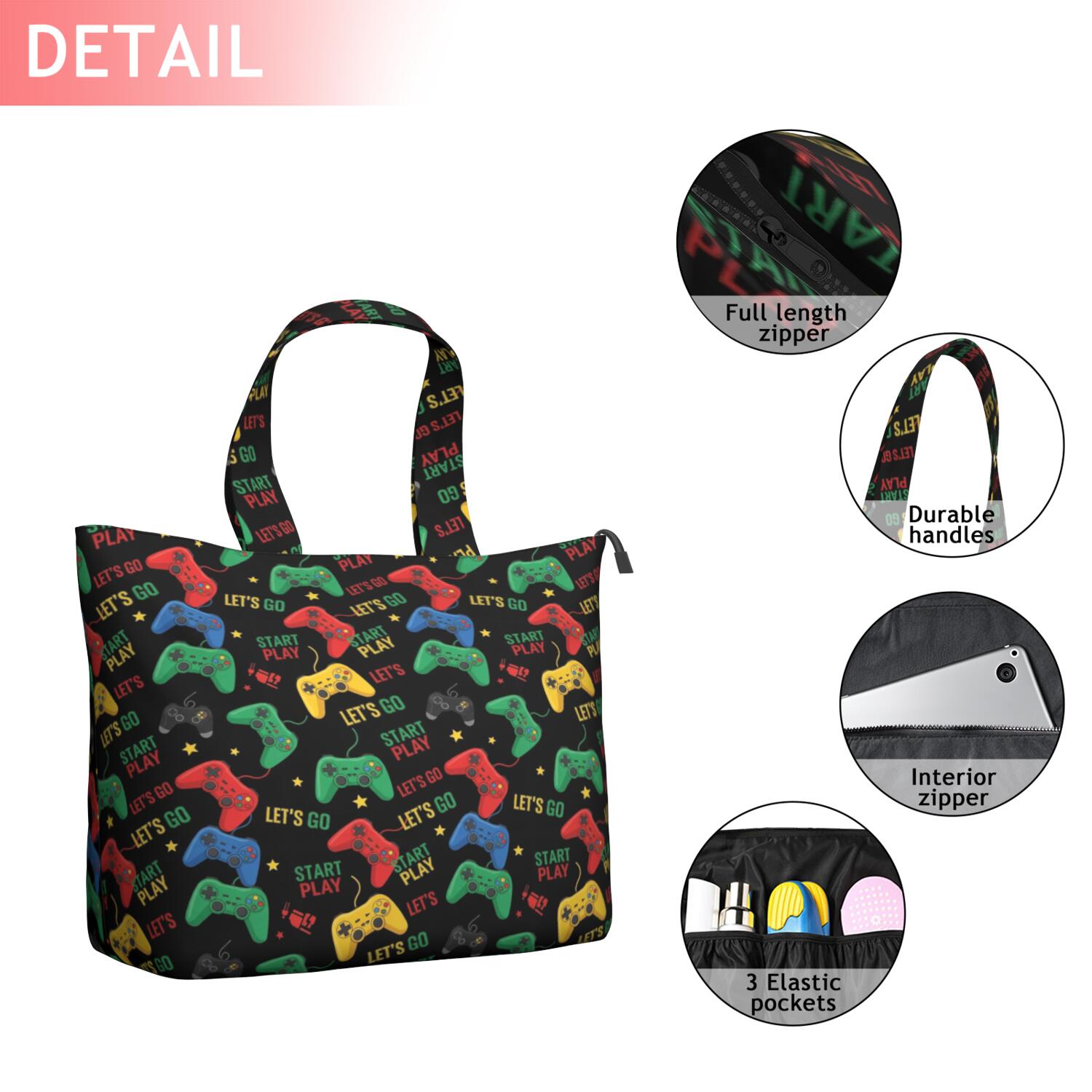 Colorful Controllers Games Icons Black Pattern Travel Tote Bags for Women Carry On,Large Weekender Bags for Women Travel,Multi Functional Duffle Bag for Work,Shopping,Sports