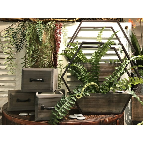 Set of 2 Stained wood medium and small drawer style pots w/ hard liner