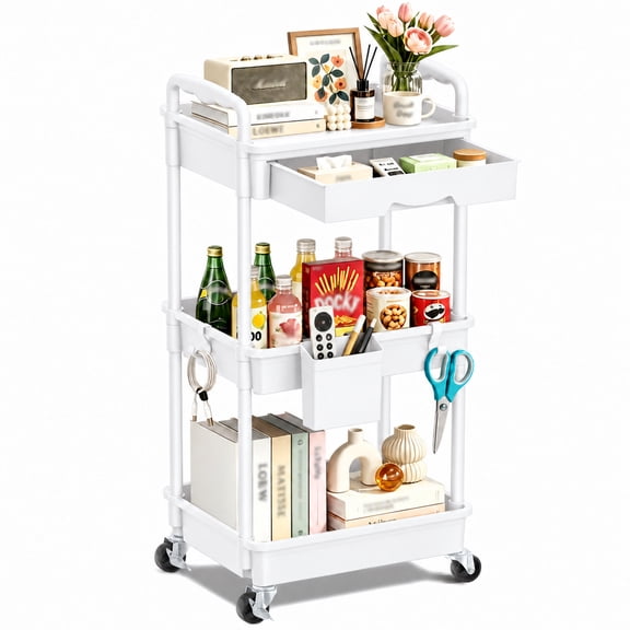 3 Tier Rolling Utility Cart with Removable Drawer, Bathroom Storage Organizer with 2 Lockable Wheels, Mobile Shelving Unit for Kitchen, Office, Snack, Craft, Makeup, Baby Essentials, White