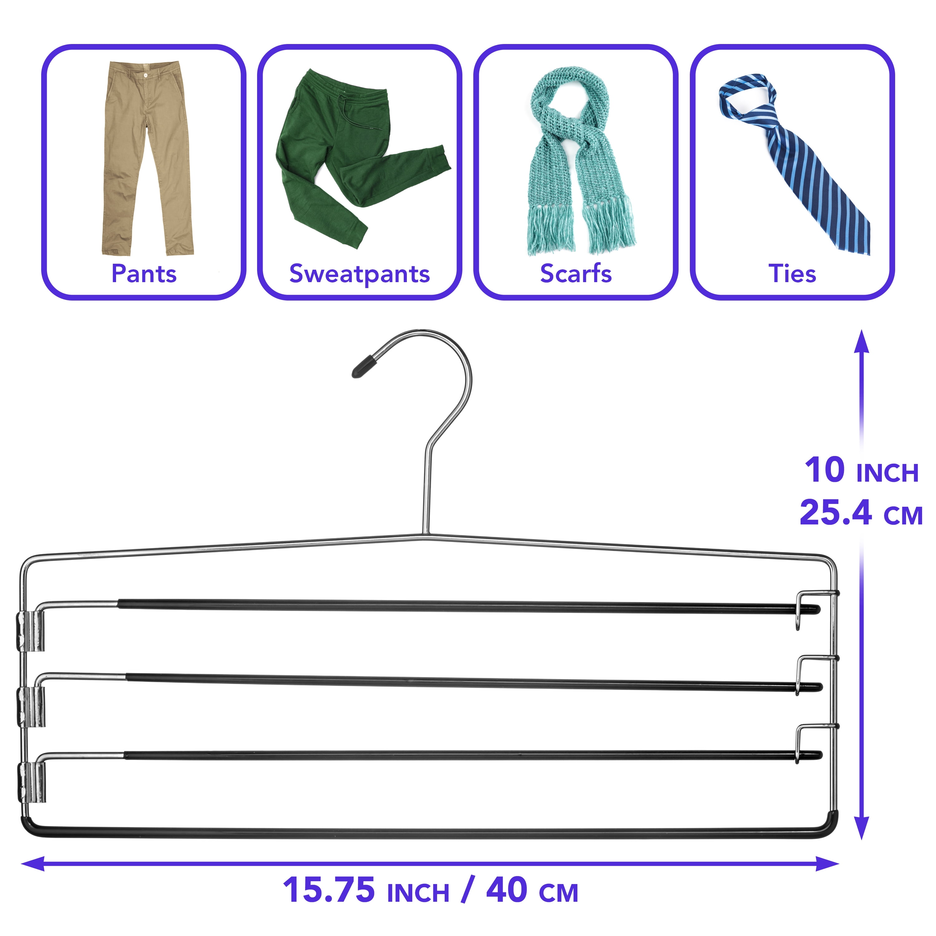 USTECH 4-Tier Non Slip Pants Organizer Chrome Metal Clothes Hanger, 6 Pack