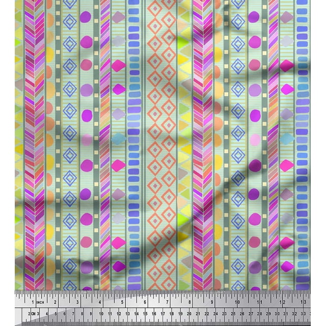 Soimoi Green Japan Crepe Satin Fabric Aztec Geometric Printed Fabric 1 Yard 42 Inch Wide