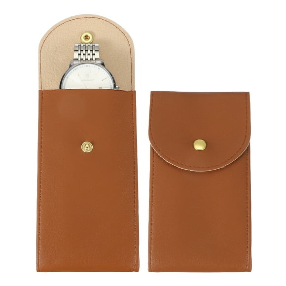 Uxcell 2 Pcs Bolsa de Reloj de Cuero, 5.1 x 2.8 Pulgadas Funda de Viaje Portátil para Hombres y Mujeres con Botón a Presión, Marrón