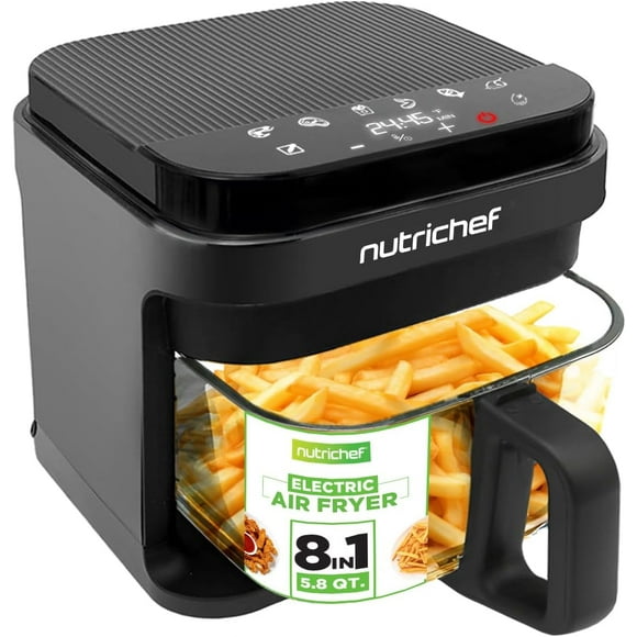 Nutrichef 5.8 Quart Air Fryer 8-1 Preset Cook Modes Transparent Fry Bowl for Best Cooking Results Cook Shrimp, Steak, Fries, Wings, Chicken & More Precise Temperature Control & Time Black
