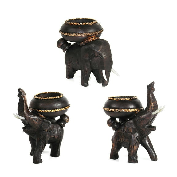 AeraVida Indoor/Outdoor 3.5 in x 2.5 in Wood Posing Elephants Carved Rain Tree Pillar Candle Holder, Brown