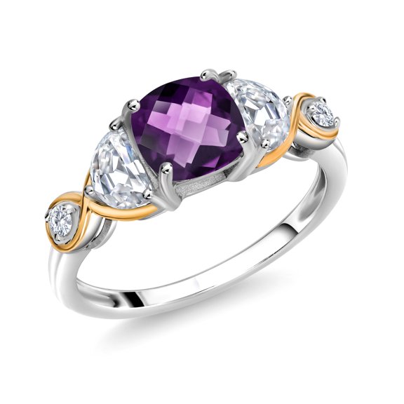 Gem Stone King 925 Silver and 10K Yellow Gold Cushion Amethyst Half Moon Moissanite and Lab Grown Diamond 3-Stone Engagement Ring for Women (1.36 Cttw, , Size 5)