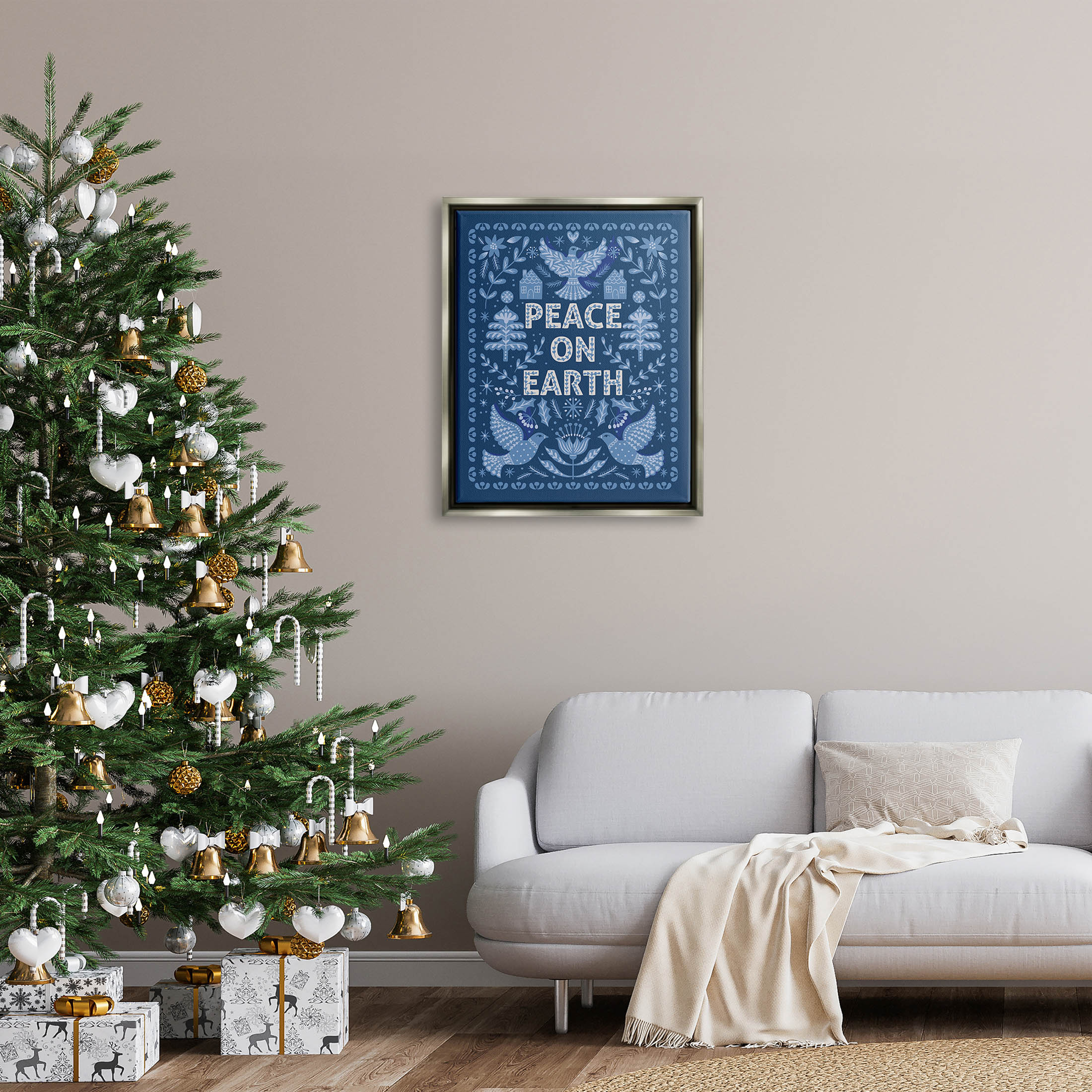 Peace On Earth Blue Doves Holiday Graphic Art Luster Gray Framed Art Print Wall Art