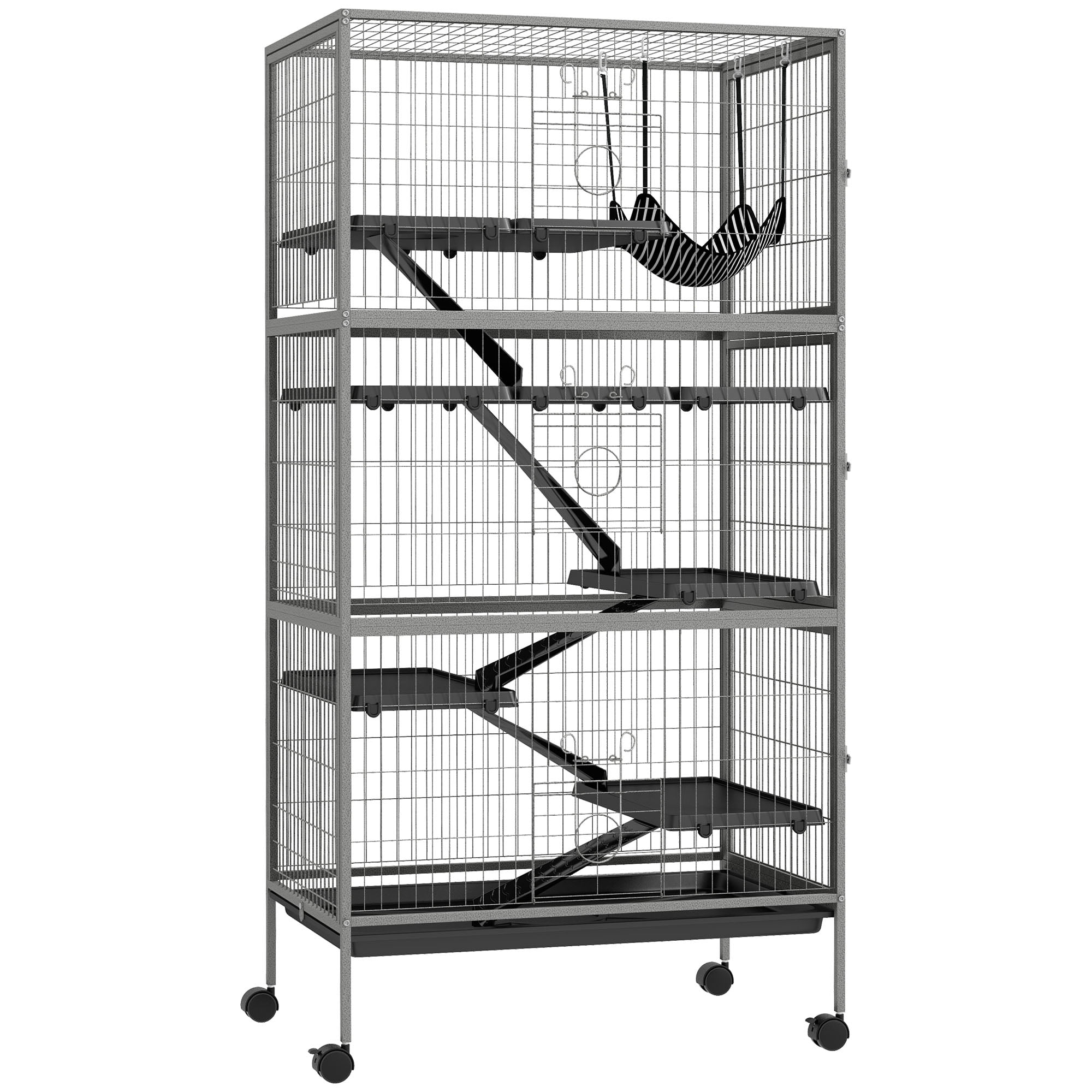 PawHut Rolling Small Animal Cage Pet for Rabbits, Chinchillas, Ferret with Wheels, Hammock, 6 Platforms and Removable Tray, Gray