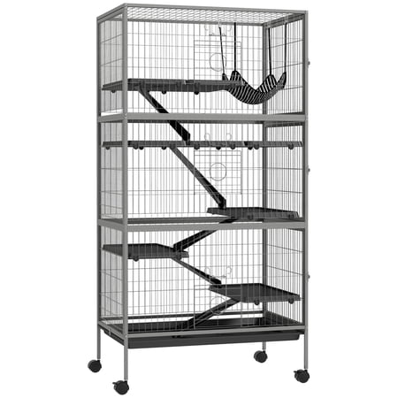63" 6-Tier Small Animal Cage, Ferret Cage, Large Chinchilla Cage With Hammock Accessory & Heavy-Duty Steel Wire, Small Animal Habitat With 6 Doors, Removable Tray, Gray