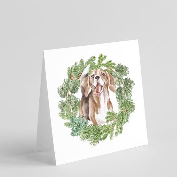 Beagle Smiling with Christmas Wreath Square Greeting Cards and Envelopes Pack of 8 5 in x 5 in