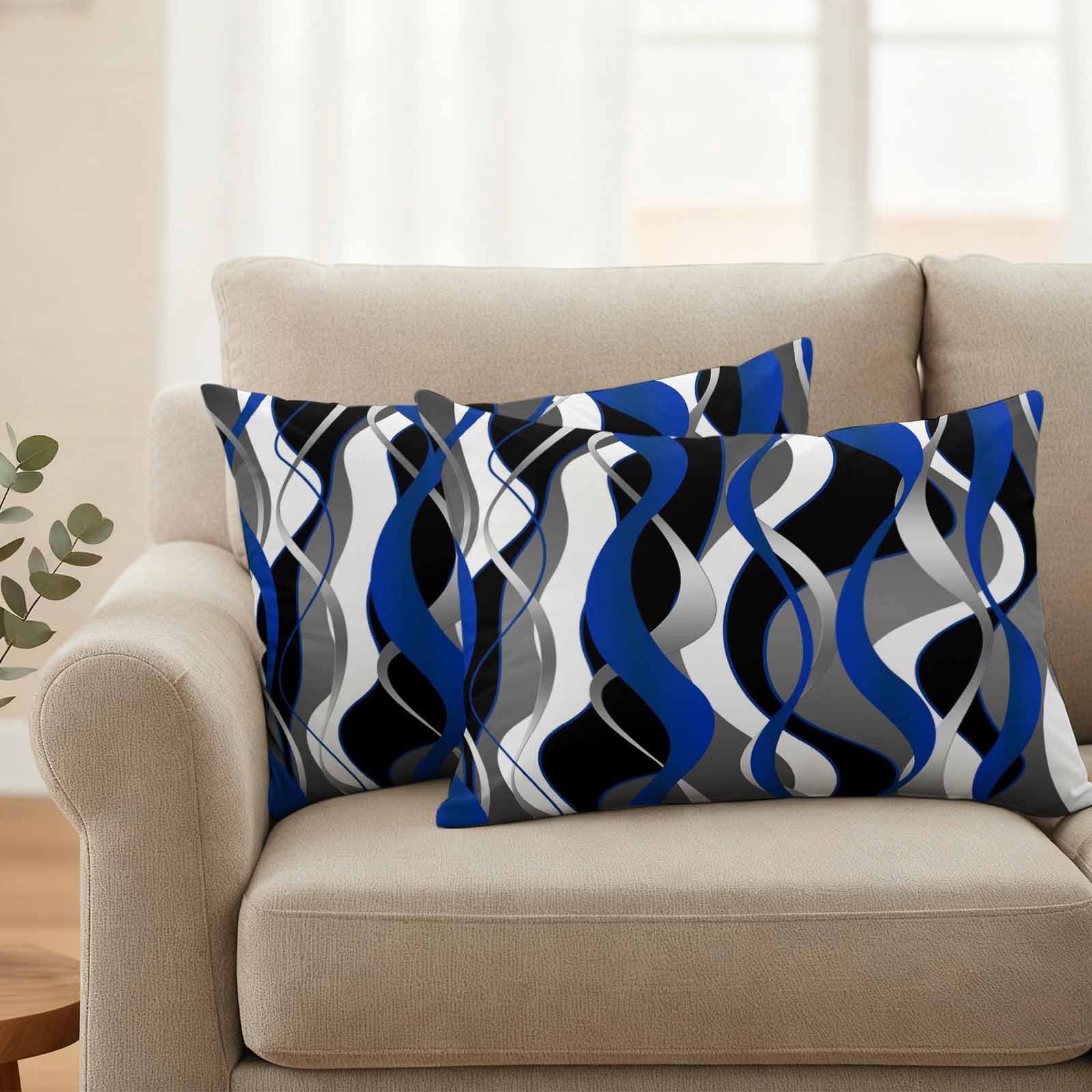 Blue Black Stripes Outdoor Waterproof Pillow Covers, Modern Abstract Ombre Grey White Lines Decorative Rectangle Throw Pillowcase Sofa Cushion Sham for Patio/Couch/Chair, 20"x12" 2 Pack